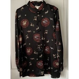 Christie & Jill Vintage Black Dragon Floral Asian Print Button Front Blouse L